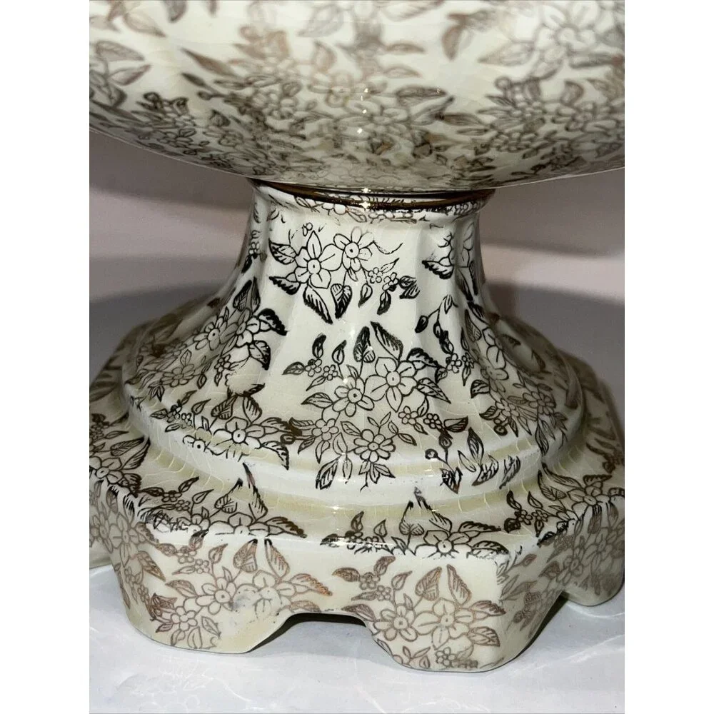 Vintage Empire Ware England Gold Pedestal Dish Centerpiece‎ with Victorian Scene
